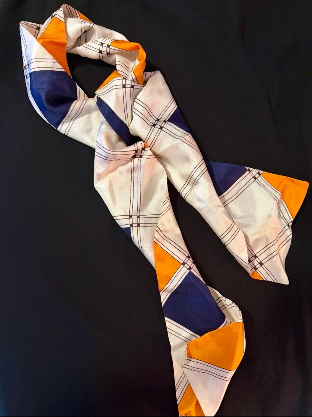 New Silk Neck Scarf in White, Navy & Orange